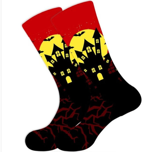 Red Bats and Haunted House Socks (Adult Large - Men's Shoe Sizes 8 - 12)