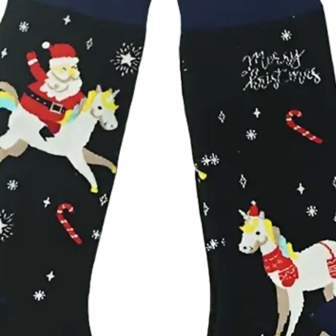 Products Santa Claus Riding a Unicorn Socks (Adult Large - Men's Shoe Sizes 8-12)