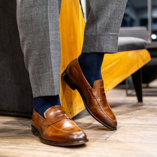 Solid Color Crew Cotton Dress Socks - Navy Blue