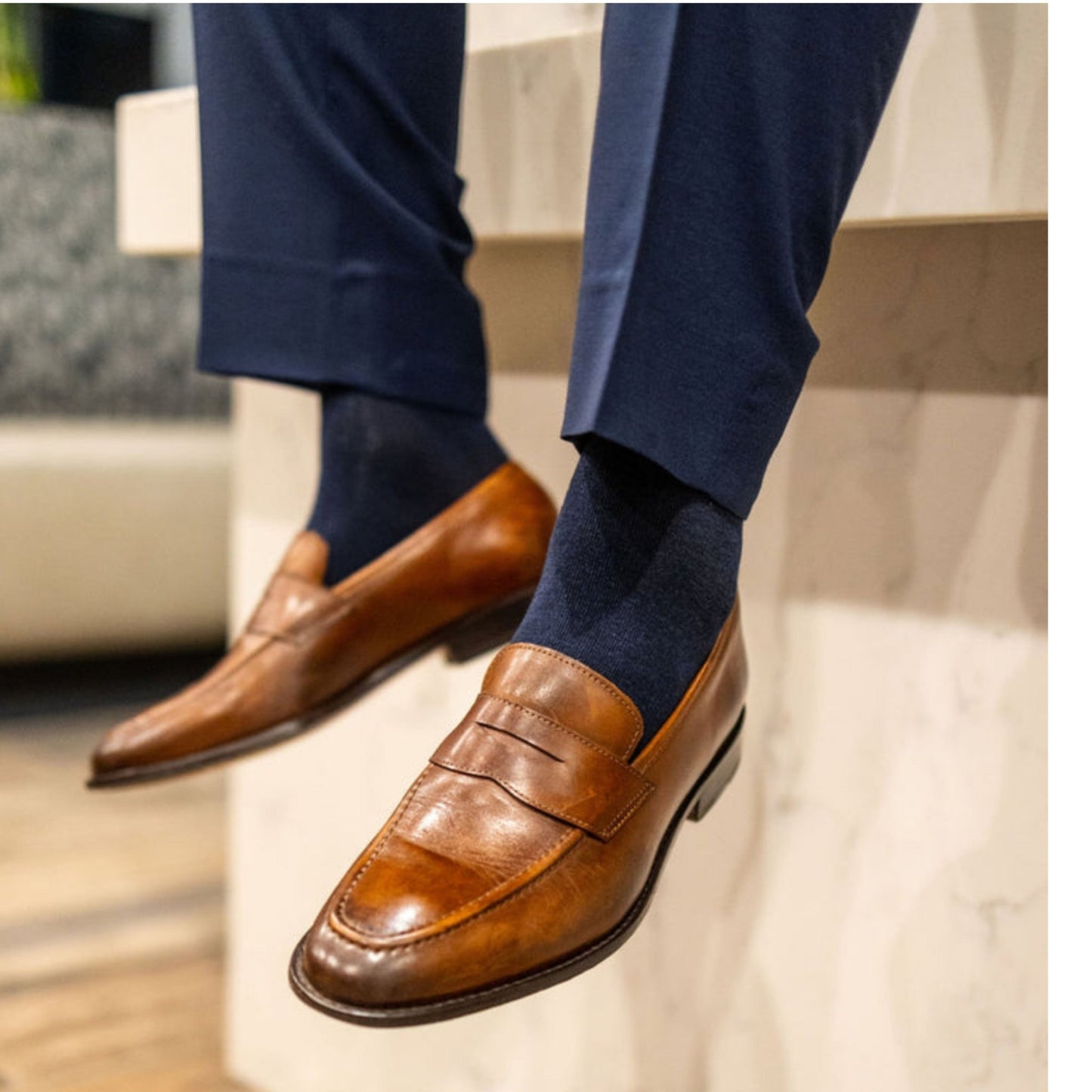 Solid Color Crew Cotton Dress Socks - Navy Blue