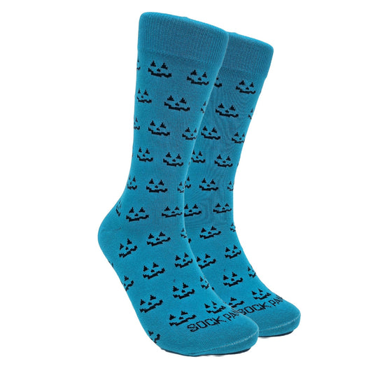 Sophisticated Blue Pumpkin Face Patterned Socks (Adult Large - Men's Shoe Sizes 8 - 12)