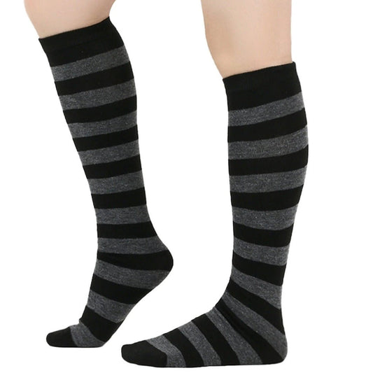 Striped Patterned Socks (Knee High) - Dark Gray and Black