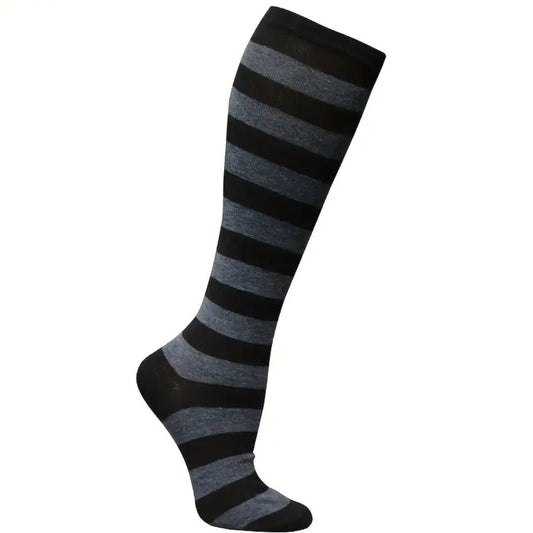 Striped Patterned Socks (Knee High) - Dark Gray and Black