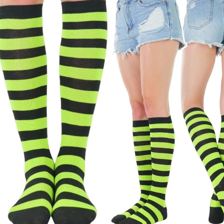 Striped Patterned Socks (Knee High) Lime Green and Black