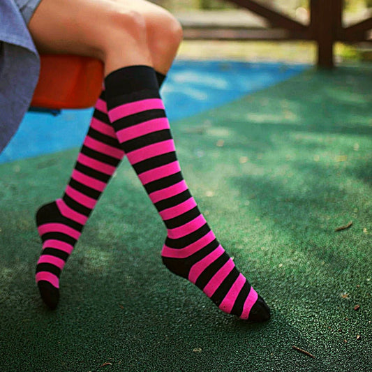 Striped Patterned Socks (Knee High) Hot/Neon Pink