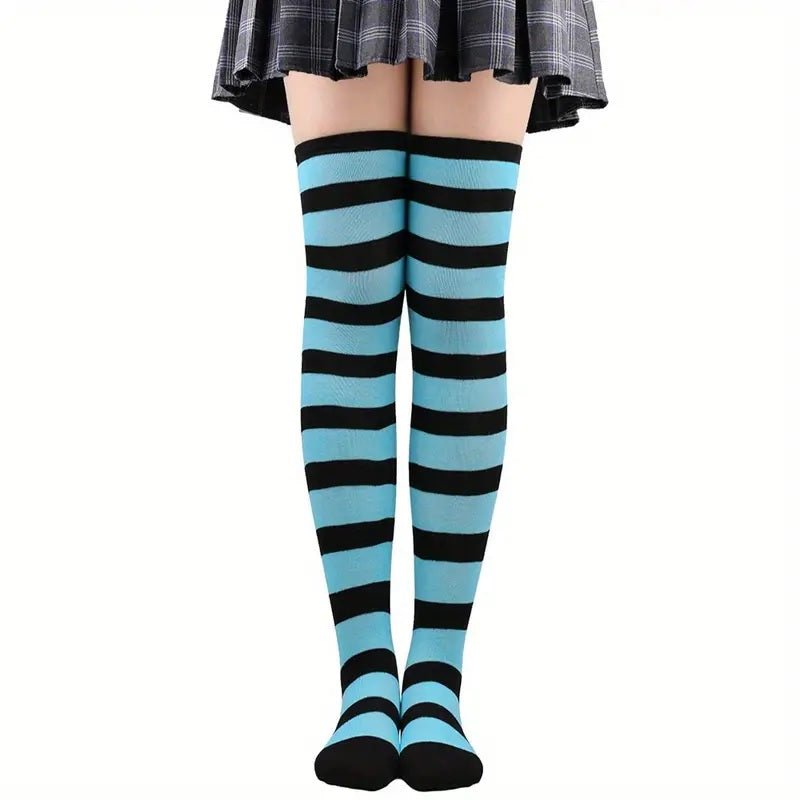 Striped Patterned Socks (Thigh High) Bright Blue and Black