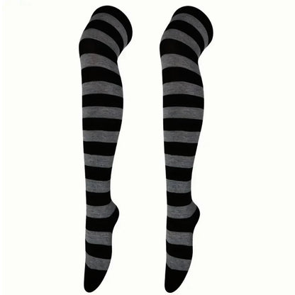 Striped Patterned Socks (Thigh High) Dark Gray and Black