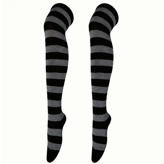 Striped Patterned Socks (Thigh High) Dark Gray and Black
