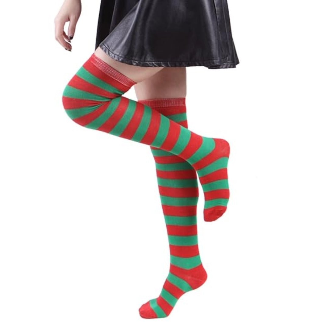 Striped Patterned Socks (Thigh High) Green and Red