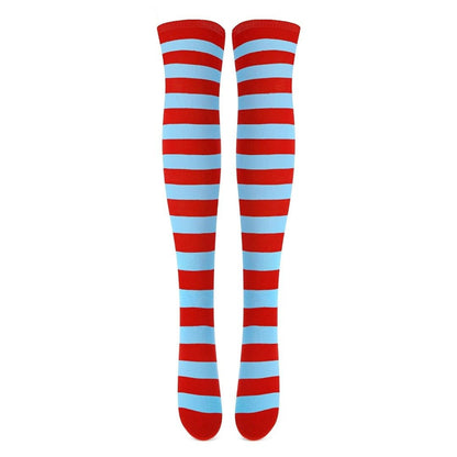 Striped Patterned Socks (Thigh High) Light Blue and Red