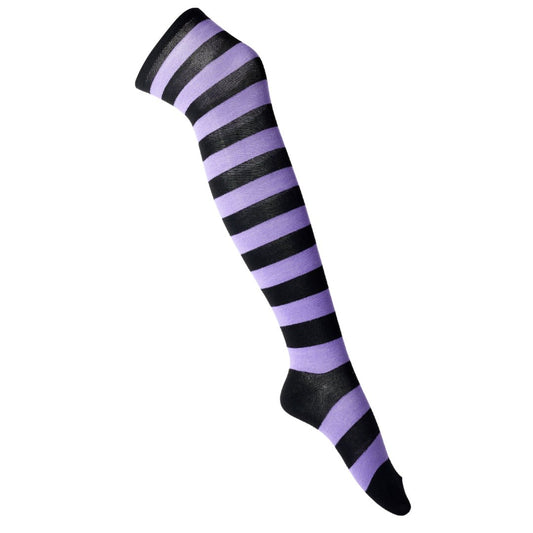 Striped Patterned Socks (Thigh High) Light Purple and Black