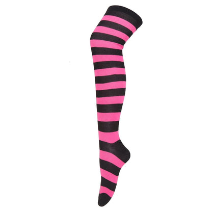Striped Patterned Socks (Thigh High) Neon Pink and Black