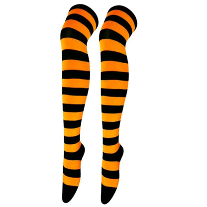 Striped Patterned Socks (Thigh High) Orange and Black OrangeBlackThighMd