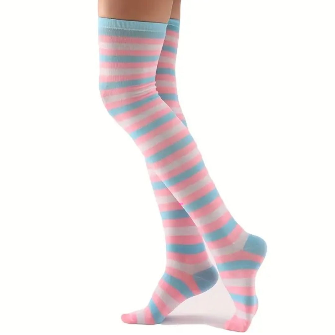 Striped Patterned Socks (Thigh High) Pink and Baby Blue