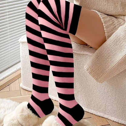 Striped Patterned Socks (Thigh High) Pink and Black