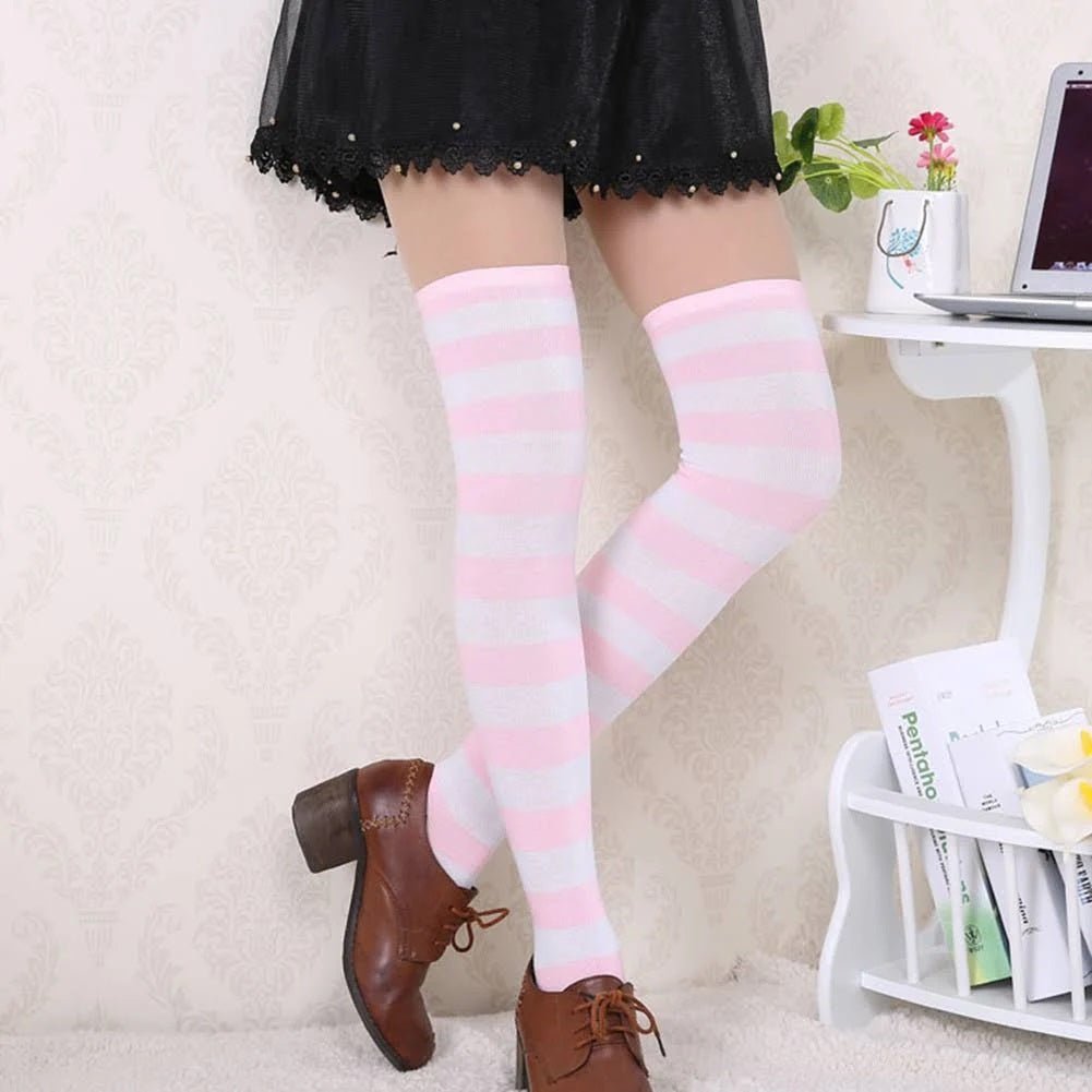 Striped Patterned Socks (Thigh High) Pink and White