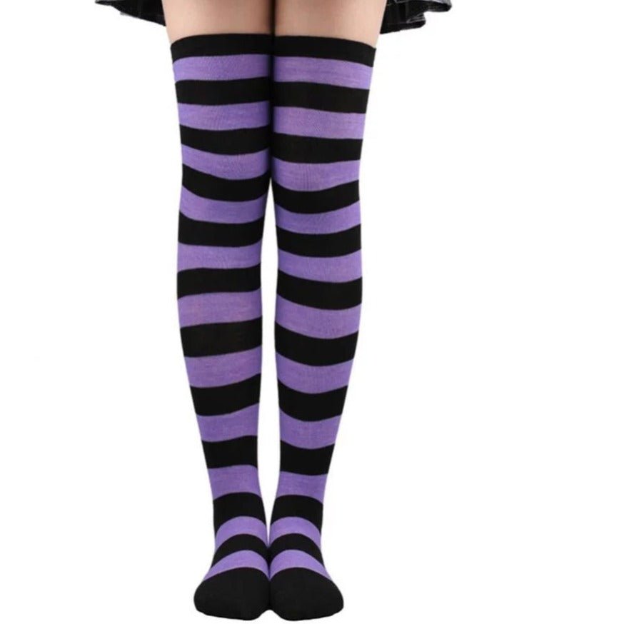 Striped Patterned Socks (Thigh High) Purple and Black