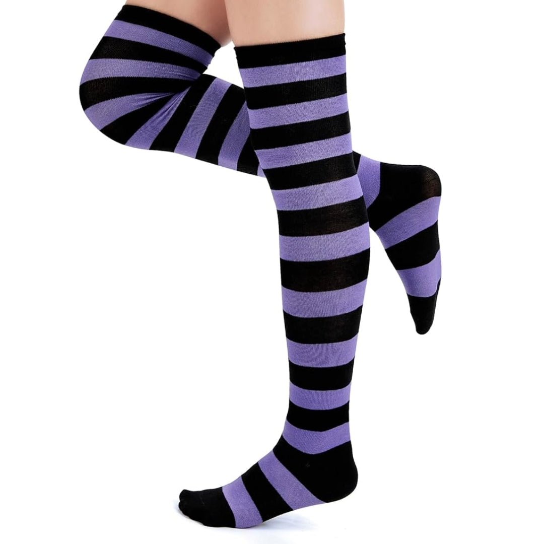 Striped Patterned Socks (Thigh High) Purple and Black