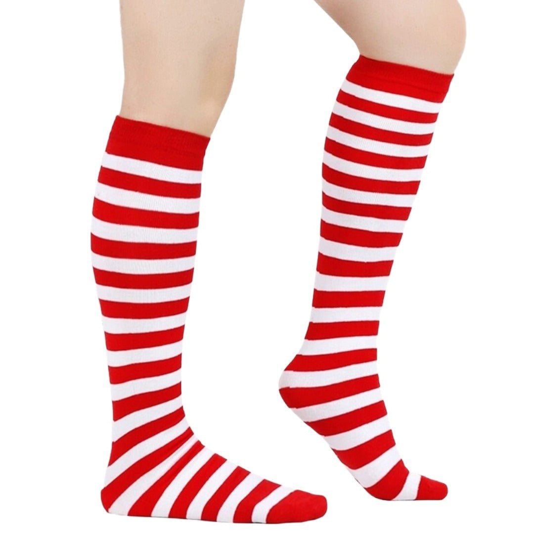 Thin Striped Patterned Socks (Knee High) Red and White ThinStripKneeRedWhite