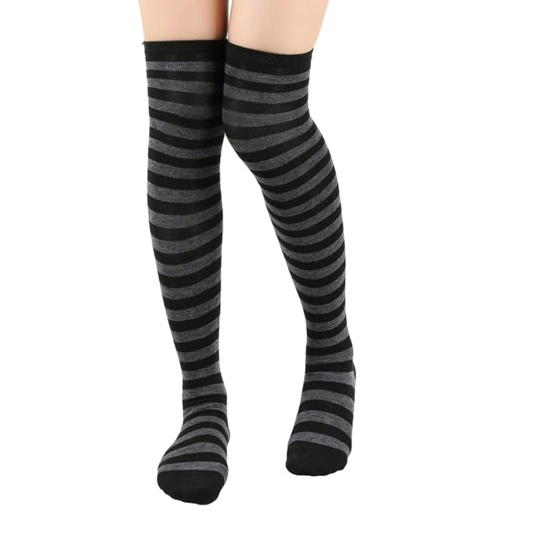 Thin Striped Patterned Socks (Thigh High) Dark Gray and Black