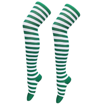 Thin Striped Patterned Socks (Thigh High) Kelly Green and Black