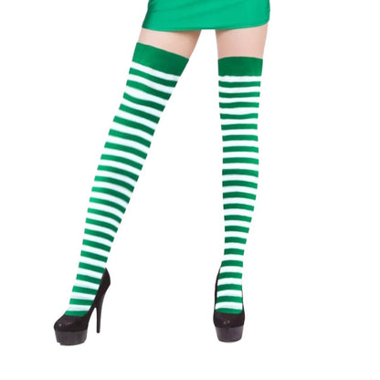 Thin Striped Patterned Socks (Thigh High) Kelly Green and Black