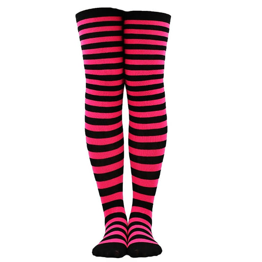 Thin Striped Patterned Socks (Thigh High) Rose Red