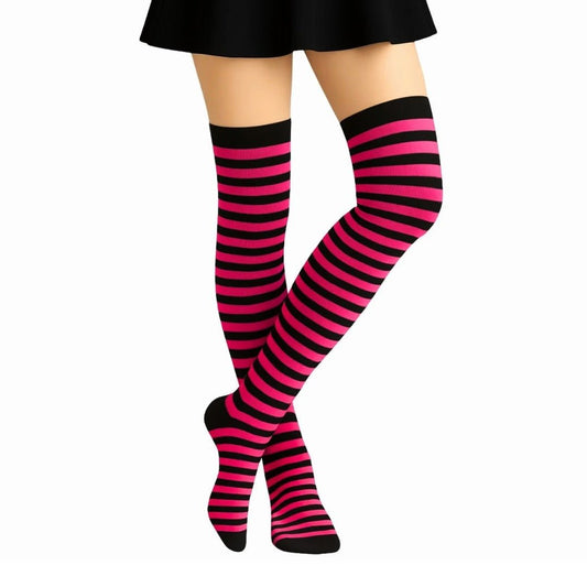 Thin Striped Patterned Socks (Thigh High) Rose Red