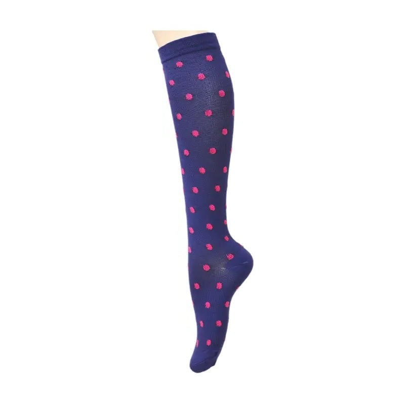 Dark Purple with Deep Pink Polka Dots Patterned Knee High (Compression Socks)