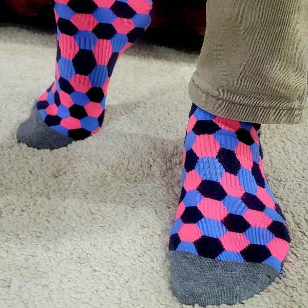 Pink, Blue and Black Hexagon Pattern Socks (Adult Large)