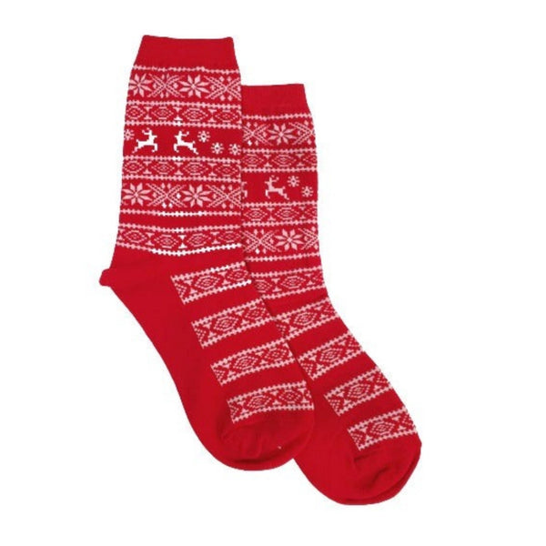 Red Festive Holiday Fair Isle Pattern with Reindeers Socks (Adult Medium)