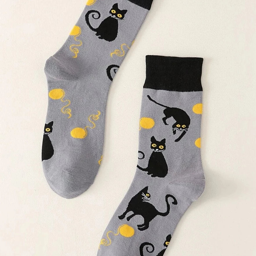 Black Cat Playing with Yarn Socks (Adult Medium - Women's Shoe Sizes 5-10)