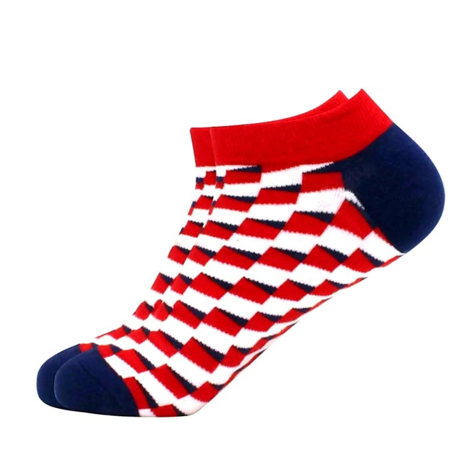 Red, White Blue 3D Cubed Patterned Ankle Socks (Adult Large)