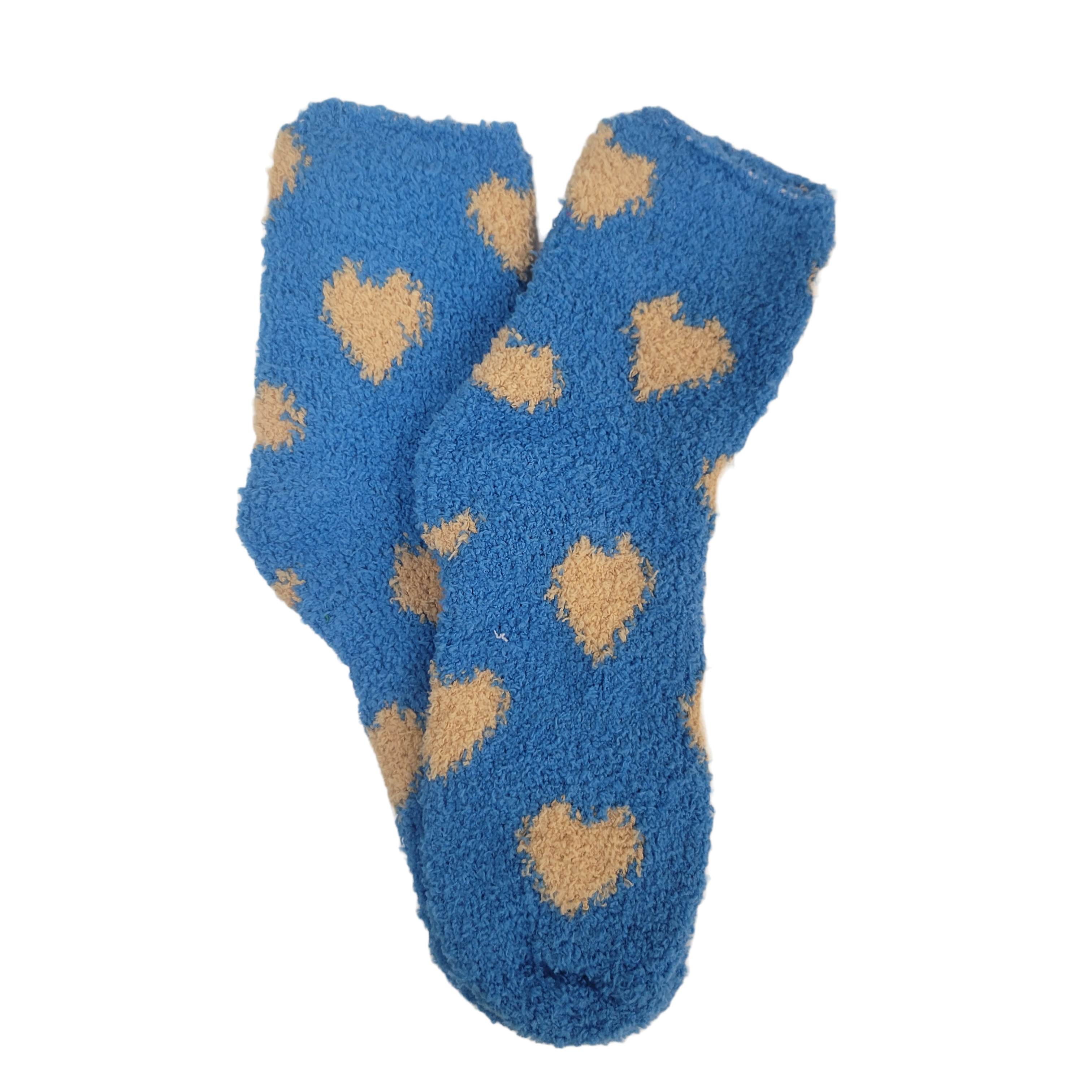 Heart Patterned Fuzzy Socks from the Sock Panda (Blue w/Tan)