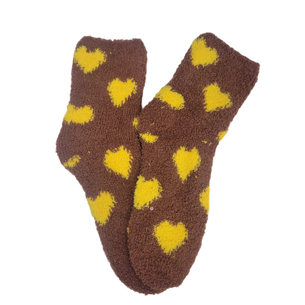 Heart Patterned Fuzzy Socks from the Sock Panda (Brown w/Yellow)