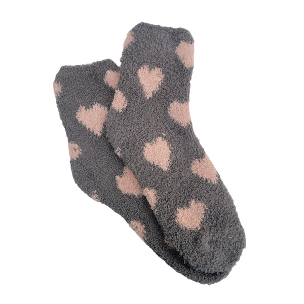 Heart Patterned Fuzzy Socks from the Sock Panda (Gray w/Pink)