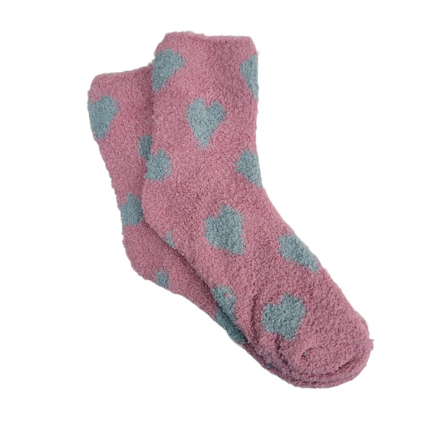 Heart Patterned Fuzzy Socks from the Sock Panda (Pink w/Baby Blue)
