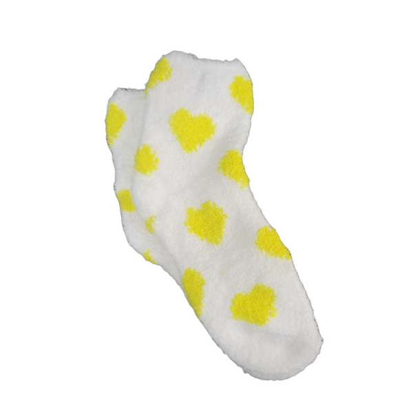 Heart Patterned Fuzzy Socks from the Sock Panda (White w/Lemon Yellow)