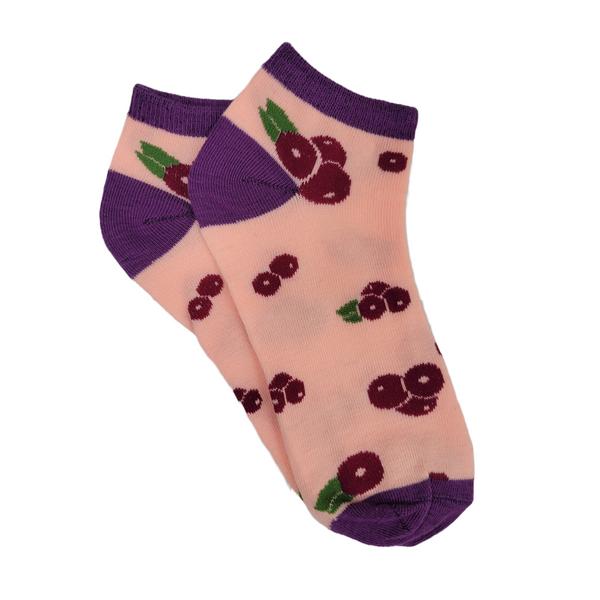 Red Cherry Pattern on Peach Ankle Socks (Adult Medium)