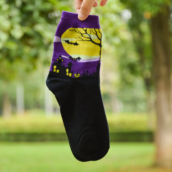 Purple Bat, Haunted House and Tree by the Moon Socks