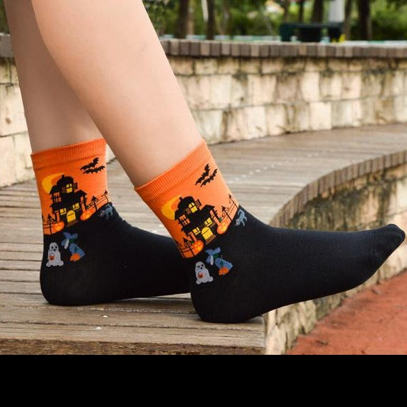 Orange and Black Haunted House Socks