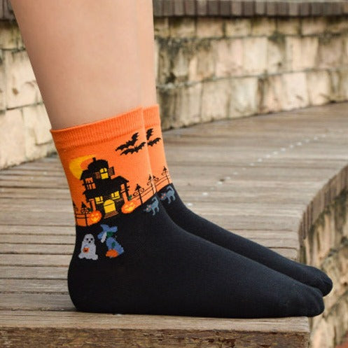 Orange and Black Haunted House Socks
