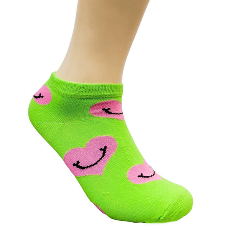 Happy Heart Smiley Face Patterned Ankle Socks (Adult Medium)