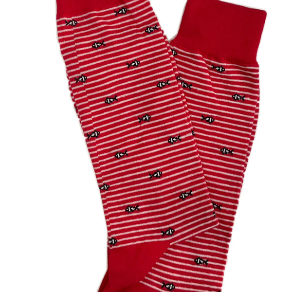 Red and White Striped Pattern Dress Socks (with fishes)