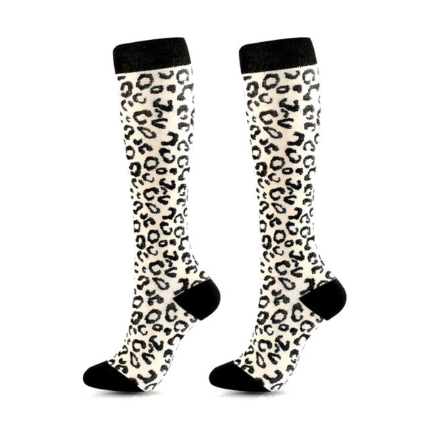 Off White Animal (Leopard) Print Knee High Socks (Compression Socks)