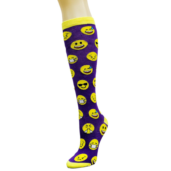 Purple Emoji Face Pattern Socks from the Sock Panda (Knee High)