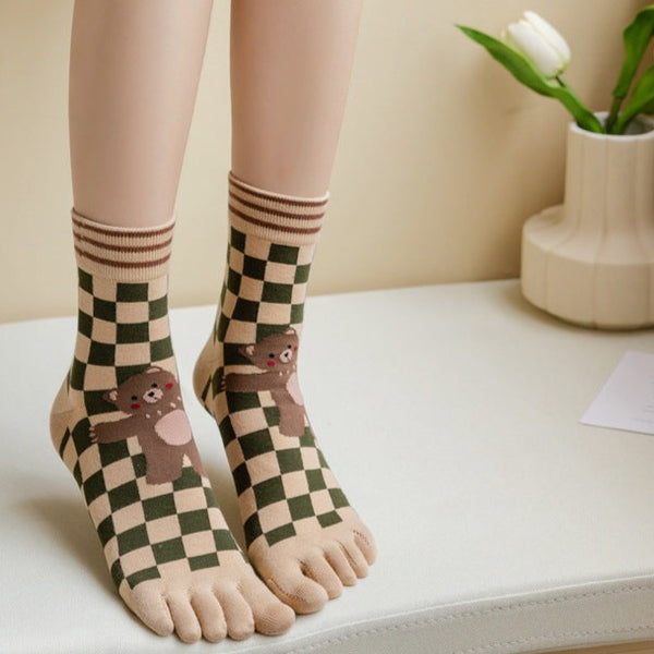 Teddy Bear Checker Pattern Toe Socks (Adult Medium)