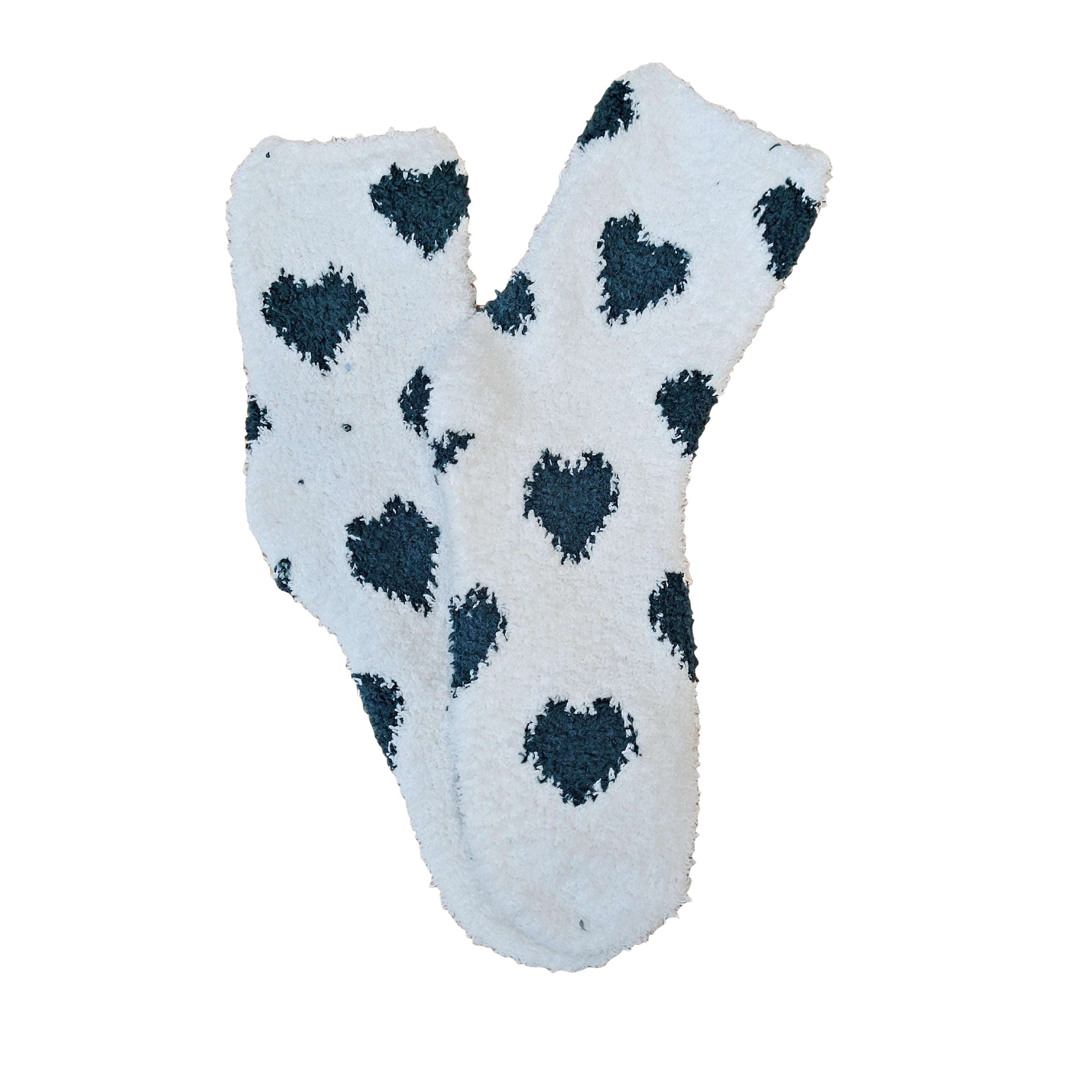 Heart Patterned Fuzzy Socks from the Sock Panda (White w/Green Hearts)