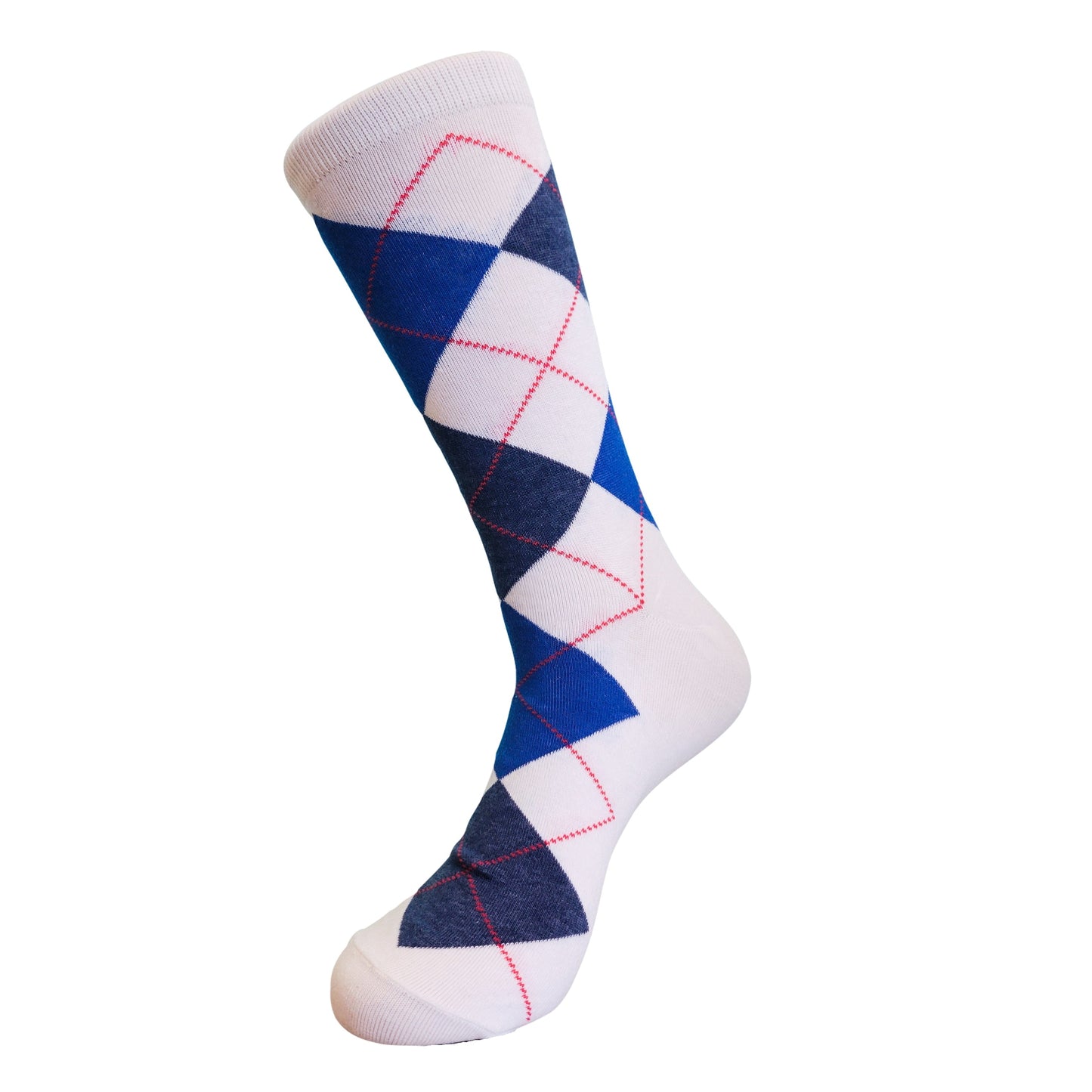 Stylish White Blue and Red Argyle Socks (Adult Large)