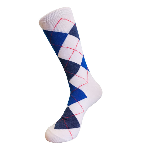 Stylish White Blue and Red Argyle Socks